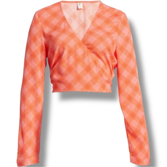 BP Vibrant Coral/Pink/Orange Plaid Long Sleeve V Neck Cropped Wrap Blouse - Picture 5 of 16